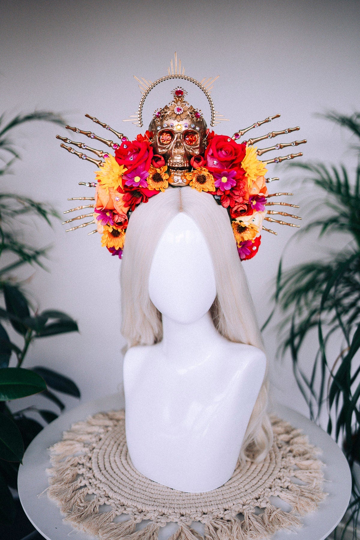 SALE La Catrina Skull Crown, Floral Headpiece, Red Rose Crown, Day of the Dead, Gothic Crown, Festival Accessory, Mexican Headpiece