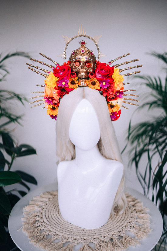 SALE La Catrina Skull Crown, Floral Headpiece, Red Rose Crown, Day of the Dead, Gothic Crown, Festival Accessory, Mexican Headpiece