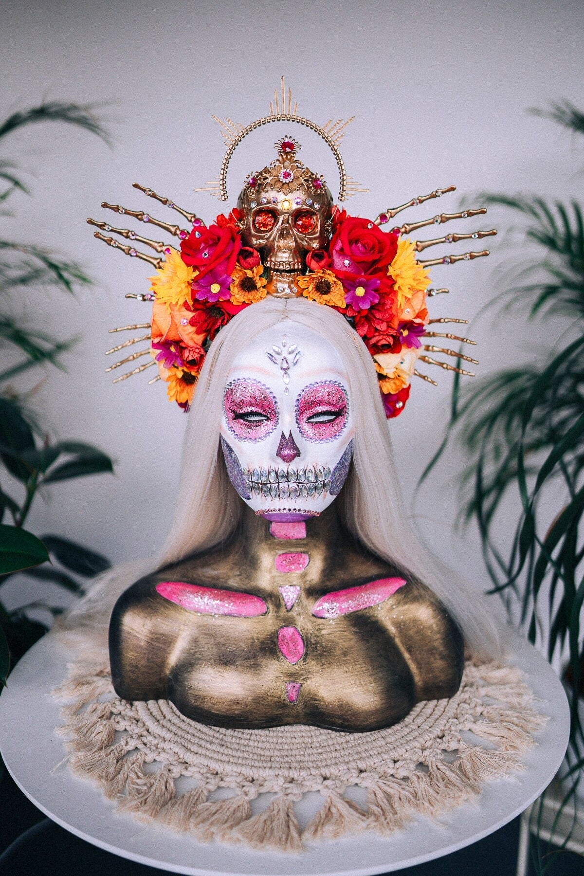 SALE La Catrina Skull Crown, Floral Headpiece, Red Rose Crown, Day of the Dead, Gothic Crown, Festival Accessory, Mexican Headpiece