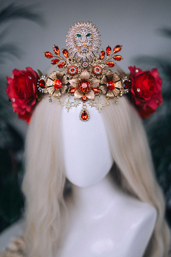 SALE Leo Zodiac signs, Birthday headband, Gold crown, Red flower crown, Zodiac jewelry, Goddess crown, Leo jewelry, Astrology, Birthday