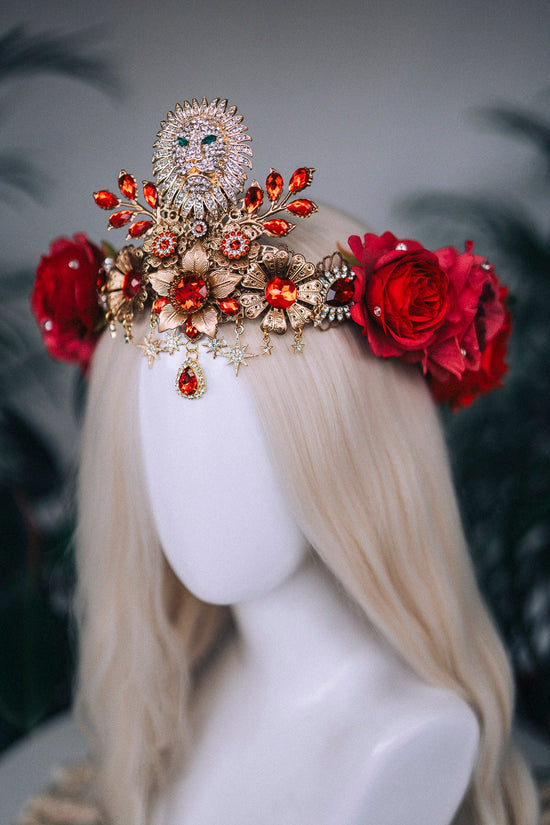 SALE Leo Zodiac signs, Birthday headband, Gold crown, Red flower crown, Zodiac jewelry, Goddess crown, Leo jewelry, Astrology, Birthday