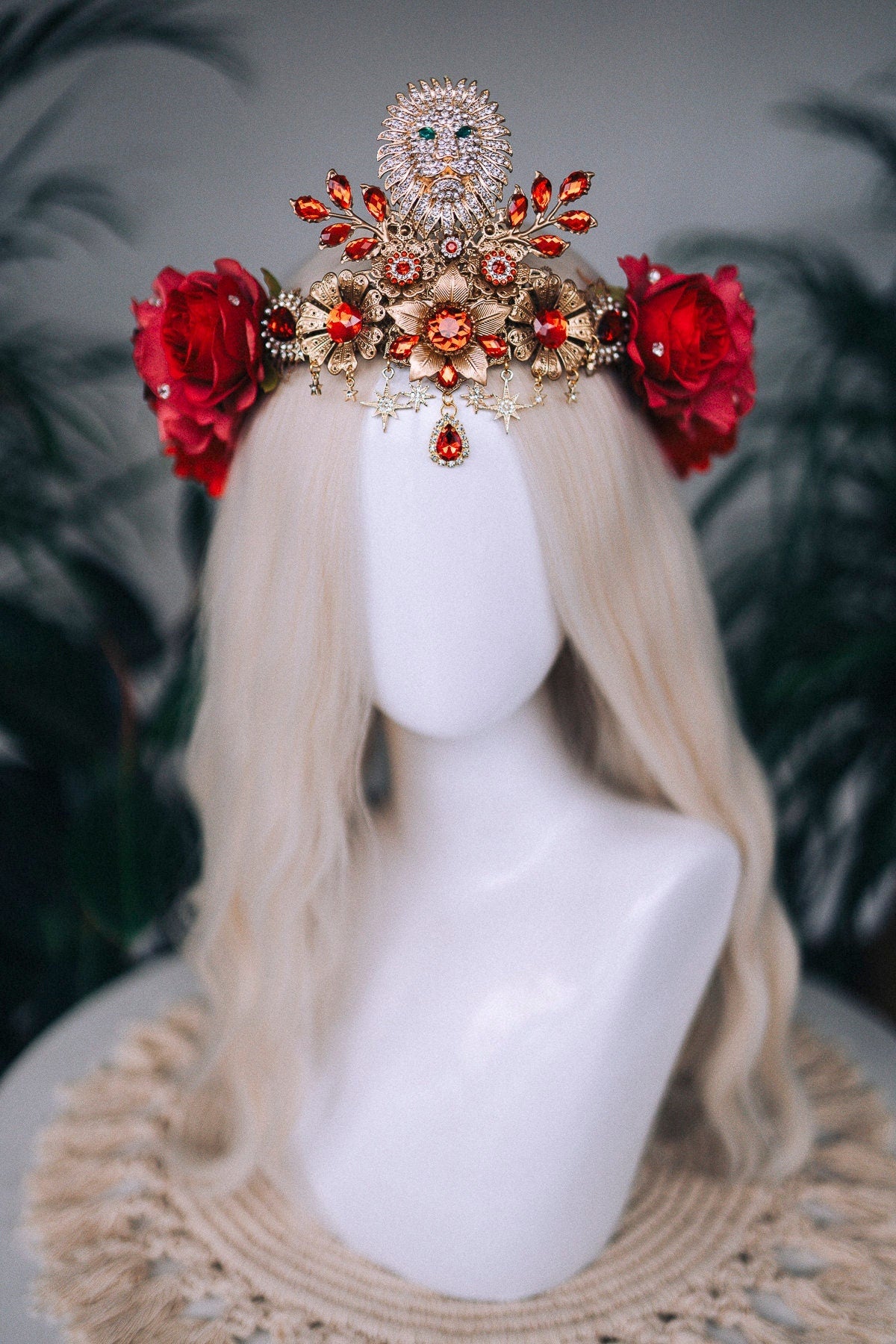 SALE Leo Zodiac signs, Birthday headband, Gold crown, Red flower crown, Zodiac jewelry, Goddess crown, Leo jewelry, Astrology, Birthday