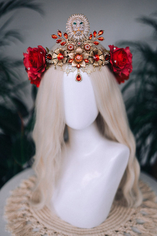 SALE Leo Zodiac signs, Birthday headband, Gold crown, Red flower crown, Zodiac jewelry, Goddess crown, Leo jewelry, Astrology, Birthday