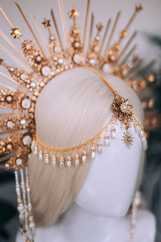 Celestial Halo Crown, Star and Pearl Bridal Tiara, Golden Festival Headpiece, Sun and Moon Crown, Goddess Crown for Weddings and Ceremonies