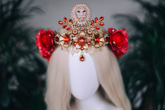 SALE Leo Zodiac signs, Birthday headband, Gold crown, Red flower crown, Zodiac jewelry, Goddess crown, Leo jewelry, Astrology, Birthday