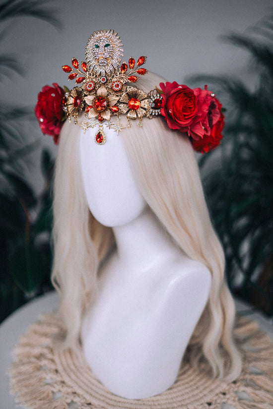 SALE Leo Zodiac signs, Birthday headband, Gold crown, Red flower crown, Zodiac jewelry, Goddess crown, Leo jewelry, Astrology, Birthday