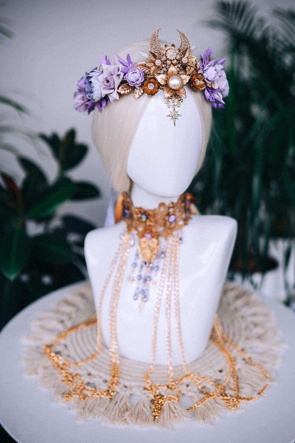 flower crown lavender Lavender Moon Floral Goddess Crown Bridal Headpiece Purple Rose Halo Crown
