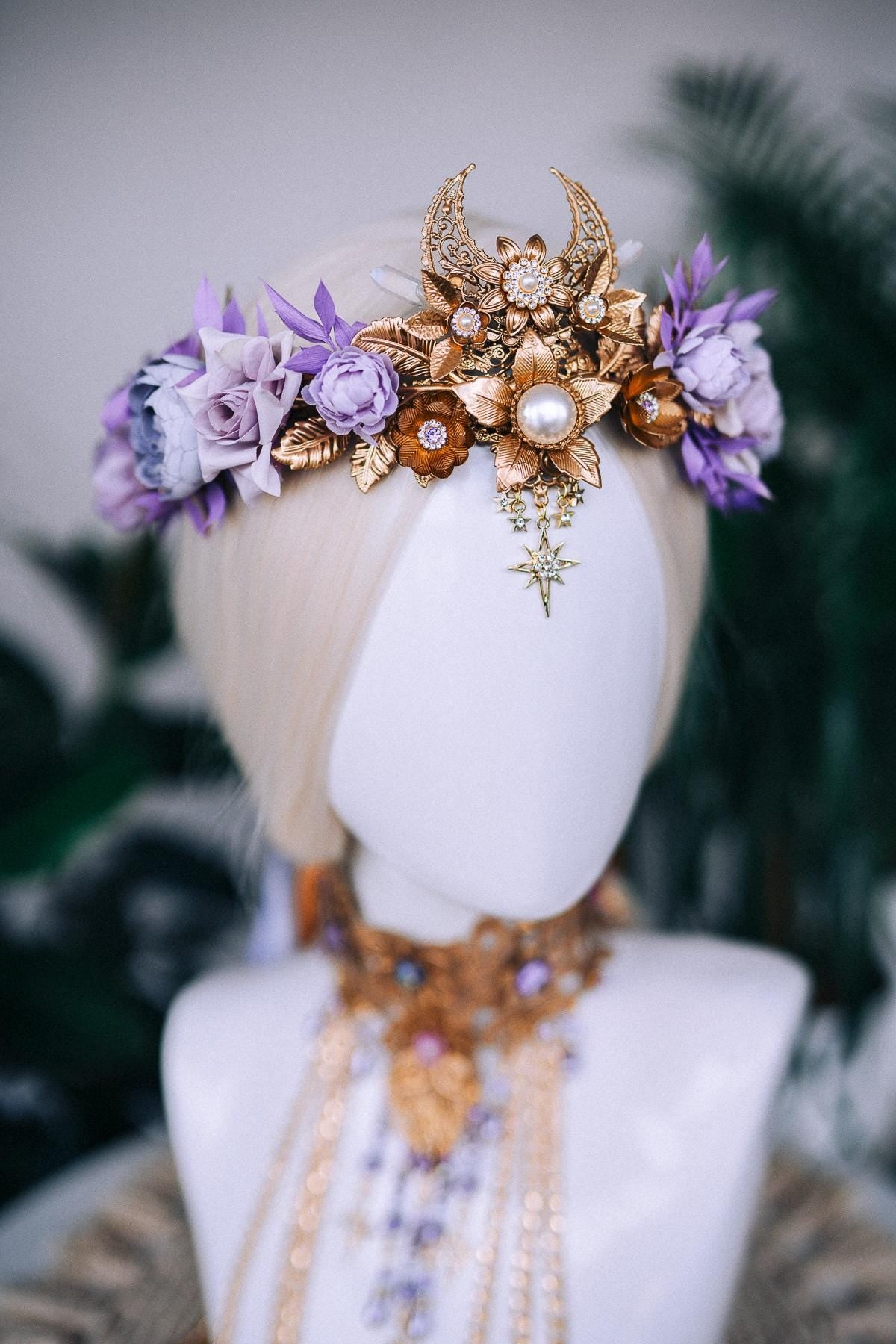 Lavender flower crown, Fairy crown, Purple flower crown, Flower crown, Necklace, Choker, Gold necklace, Boho jewelry, Wedding crown