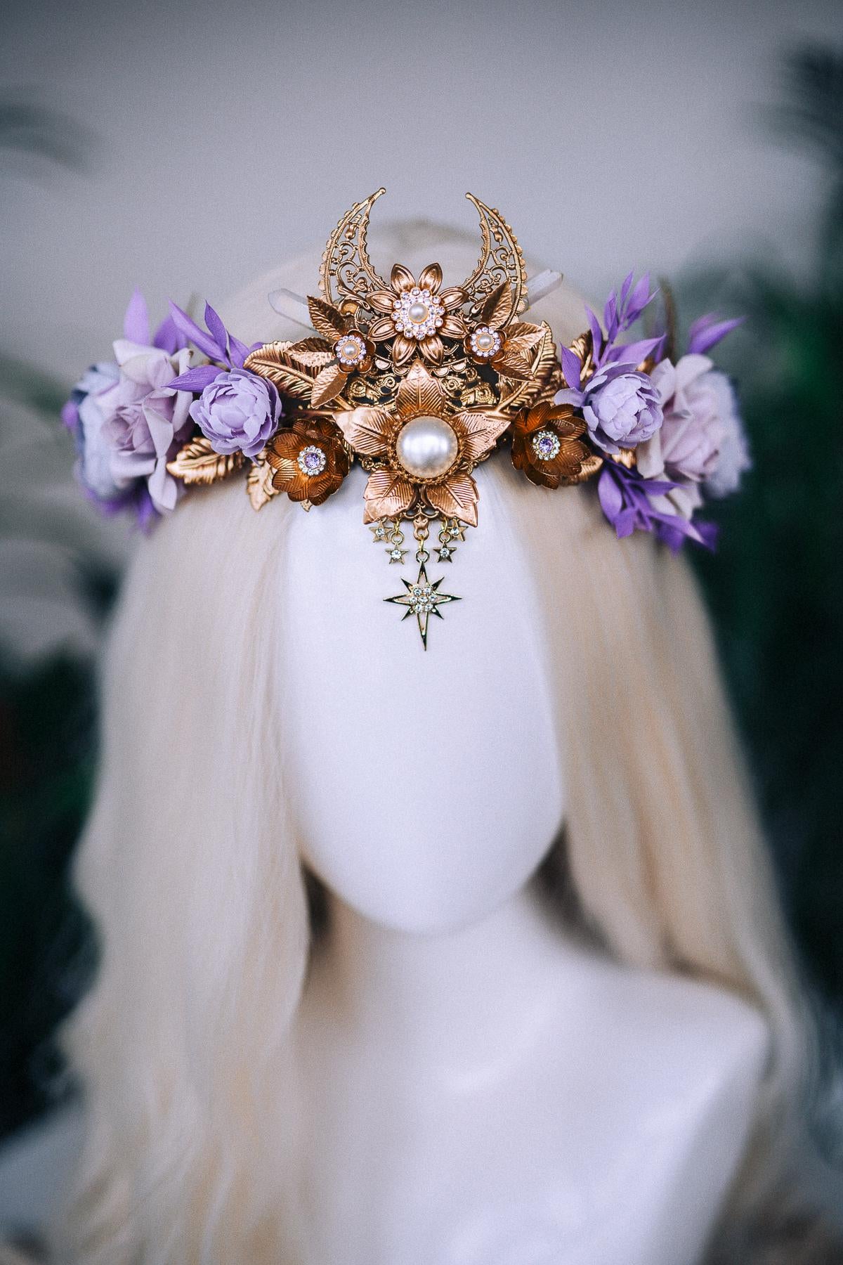 lavender flower crown wedding Lavender Moon Floral Goddess Crown Bridal Headpiece Purple Rose Halo Crown