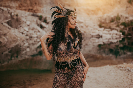 Boho Shaman Crown, Festival Headpiece, Tribal Costume Crown, Feather Crown, Burning Man, Black Gold Crown, Halloween Crown, Statement Crown