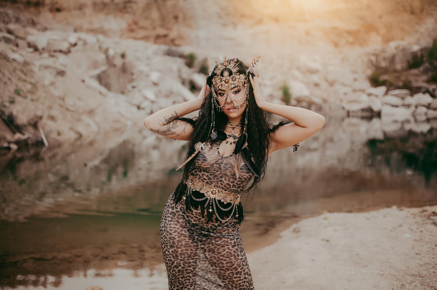 Boho Shaman Crown, Festival Headpiece, Tribal Costume Crown, Feather Crown, Burning Man, Black Gold Crown, Halloween Crown, Statement Crown