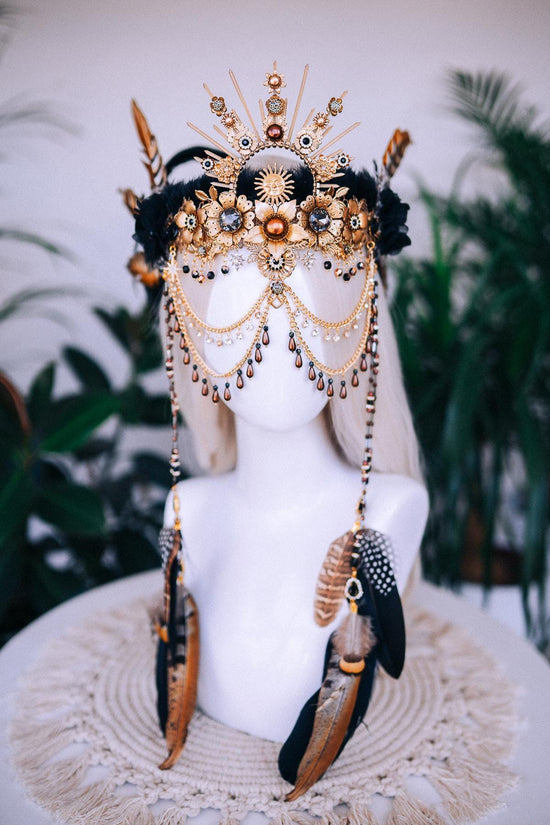 Boho Shaman Crown, Festival Headpiece, Tribal Costume Crown, Feather Crown, Burning Man, Black Gold Crown, Halloween Crown, Statement Crown