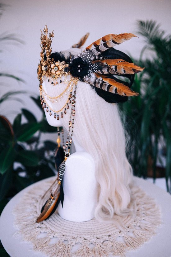 Boho Shaman Crown, Festival Headpiece, Tribal Costume Crown, Feather Crown, Burning Man, Black Gold Crown, Halloween Crown, Statement Crown