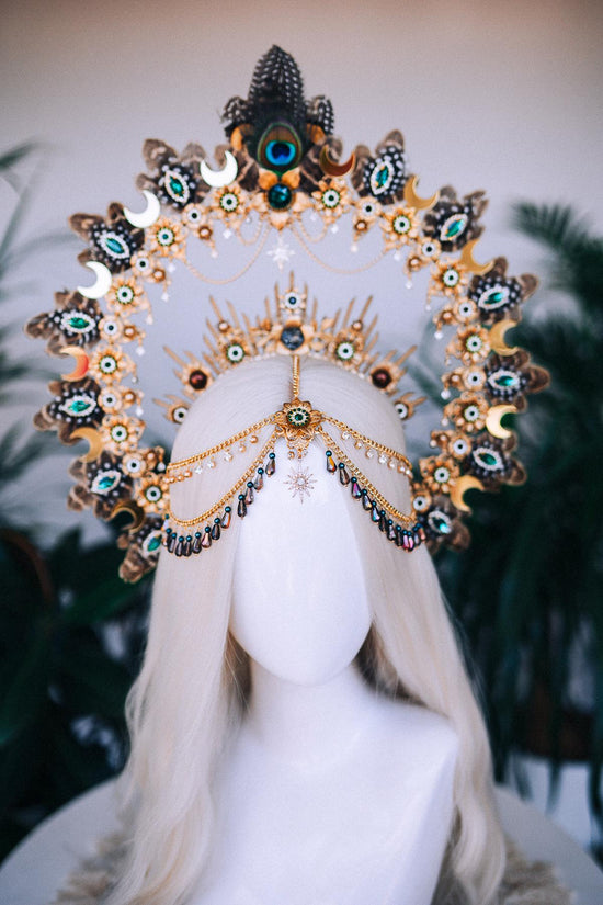 Peacock Halo Crown, Golden Shaman Headpiece, Tribal Goddess Headdress, Boho Festival Costume, Exotic Feather Statement Crown