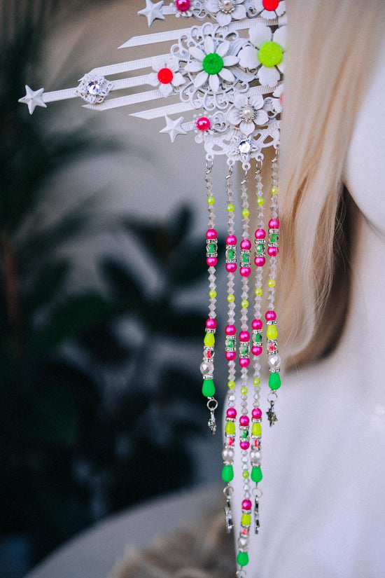 Neon UV Active White Starburst Halo Crown, Festival Headpiece, Burning Man Costume, Rave Headband, Colorful Star Headdress