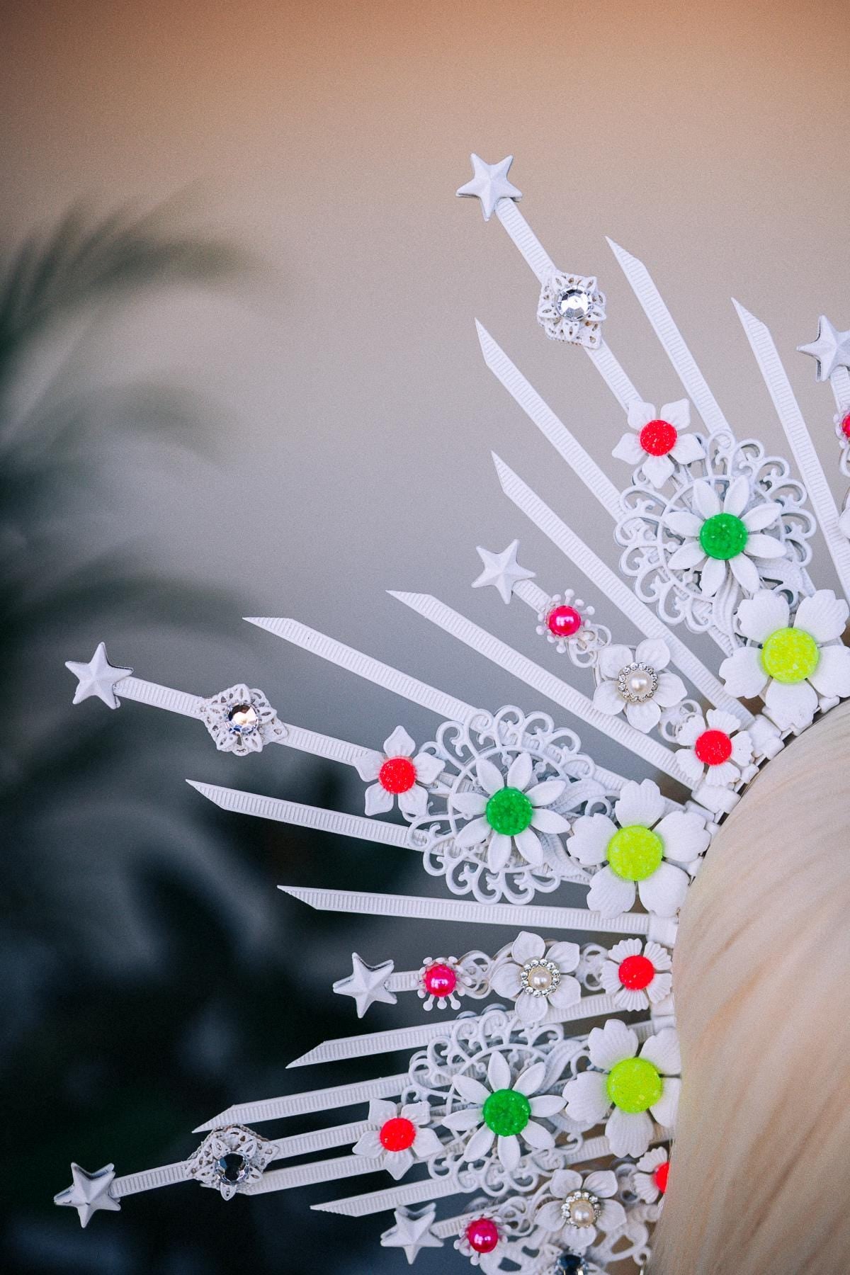 Neon UV Active White Starburst Halo Crown, Festival Headpiece, Burning Man Costume, Rave Headband, Colorful Star Headdress