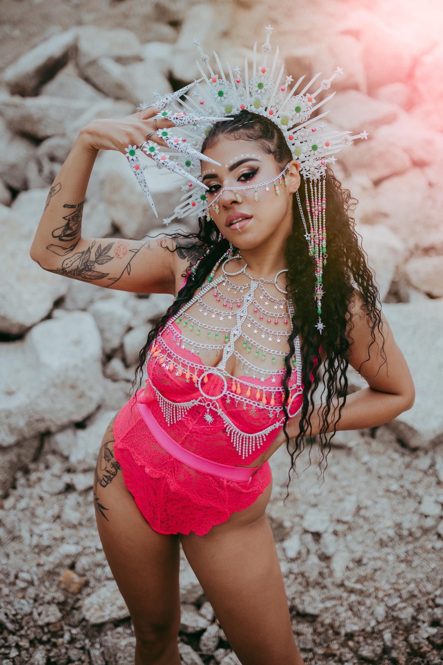 Neon UV Active White Starburst Halo Crown, Festival Headpiece, Burning Man Costume, Rave Headband, Colorful Star Headdress