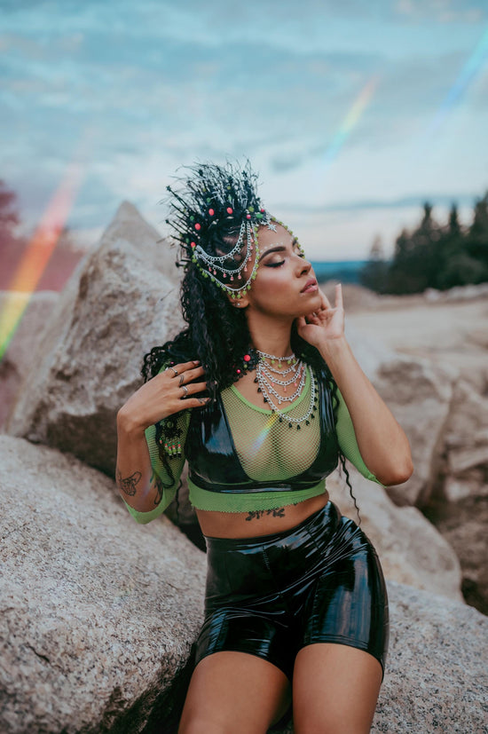 Neon Ritual Crown, Festival Headpiece, Feather Halo Crown, UV Blacklight Costume, Burning Man Accessories, Handmade Rave Outfit, Boho Crown