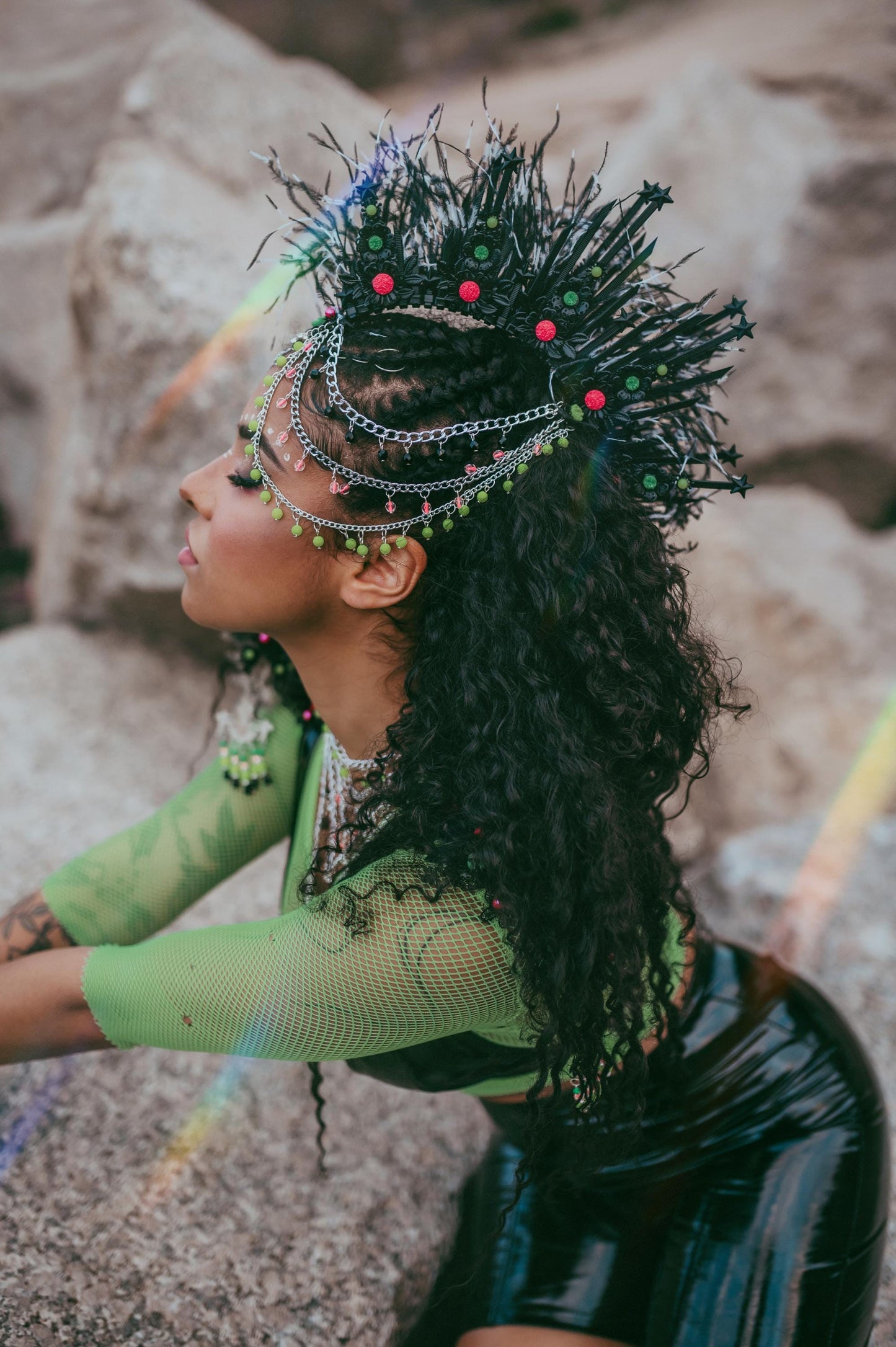 Neon Ritual Crown, Festival Headpiece, Feather Halo Crown, UV Blacklight Costume, Burning Man Accessories, Handmade Rave Outfit, Boho Crown