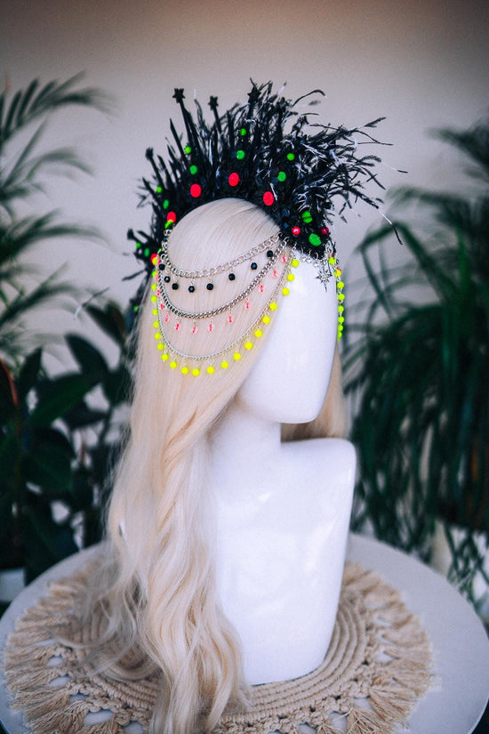 Neon Ritual Crown, Festival Headpiece, Feather Halo Crown, UV Blacklight Costume, Burning Man Accessories, Handmade Rave Outfit, Boho Crown