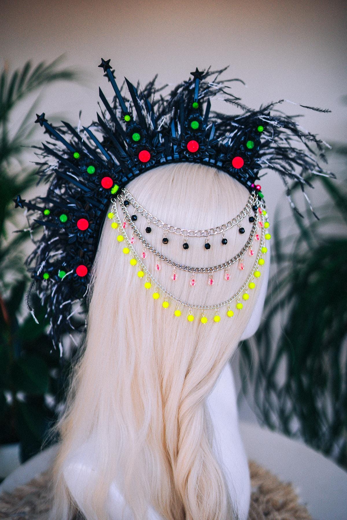 Neon Ritual Crown, Festival Headpiece, Feather Halo Crown, UV Blacklight Costume, Burning Man Accessories, Handmade Rave Outfit, Boho Crown