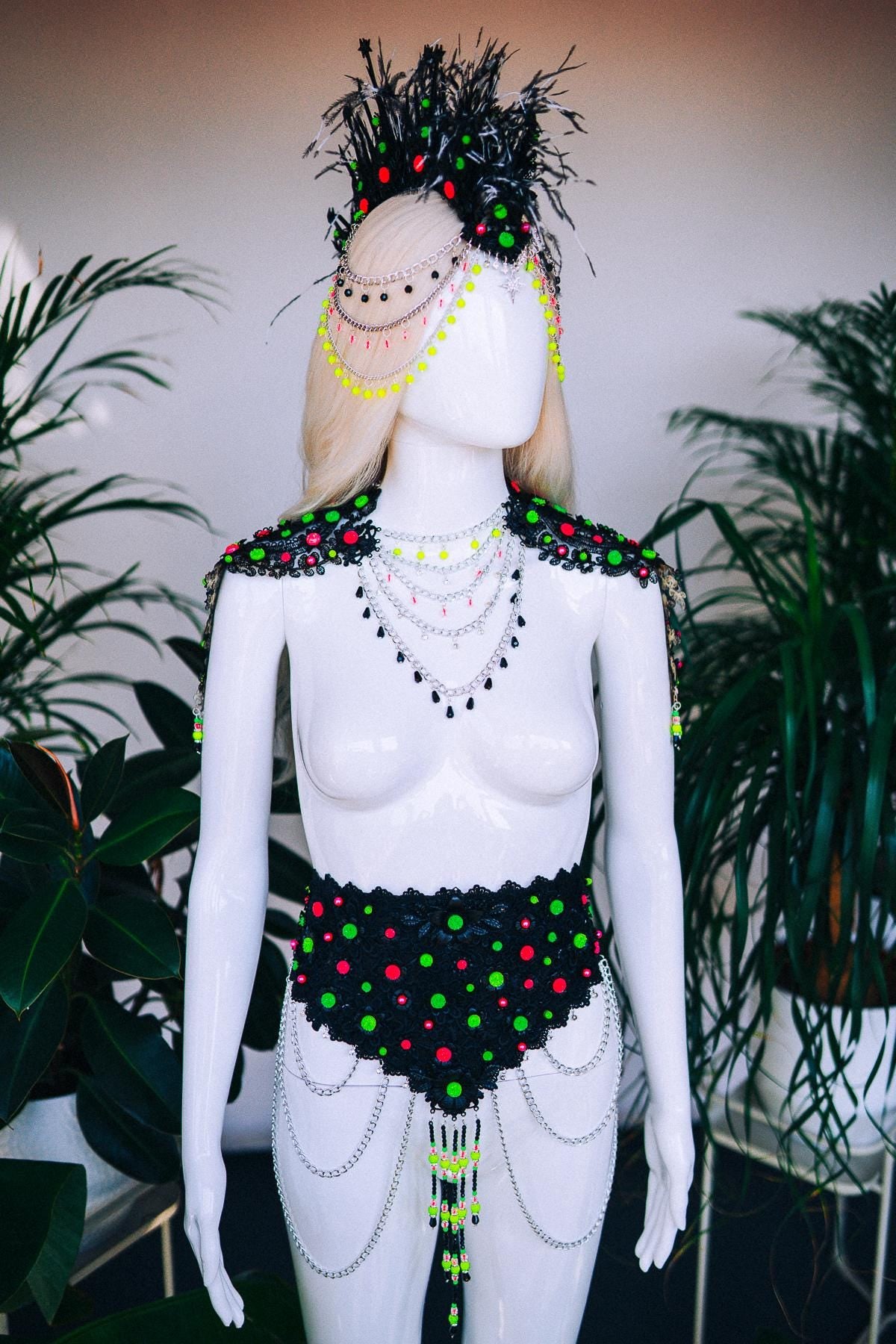 Neon Shoulder Necklace, UV Body Jewelry, Rave Shoulder Harness, Festival Neck Piece, Blacklight Accessory, Burning Man Jewelry