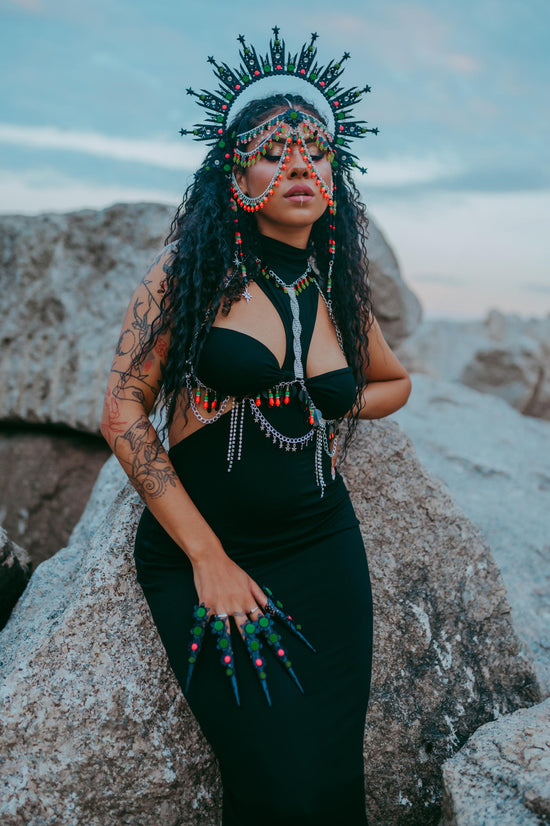 Neon UV Halo Crown, Burning Man Headpiece, Glow In The Dark Festival Headdress, Rave Costume, LED Style, Blacklight Goddess