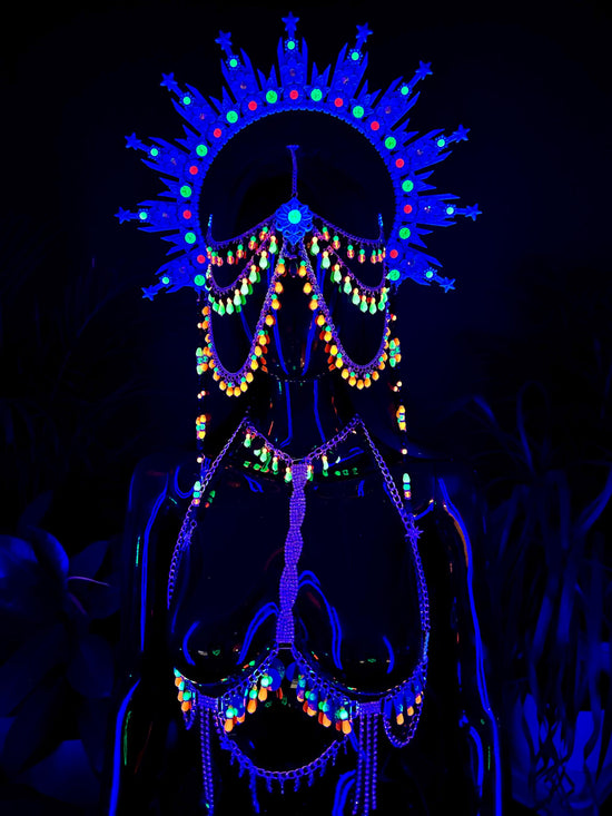 Neon UV Halo Crown, Burning Man Headpiece, Glow In The Dark Festival Headdress, Rave Costume, LED Style, Blacklight Goddess