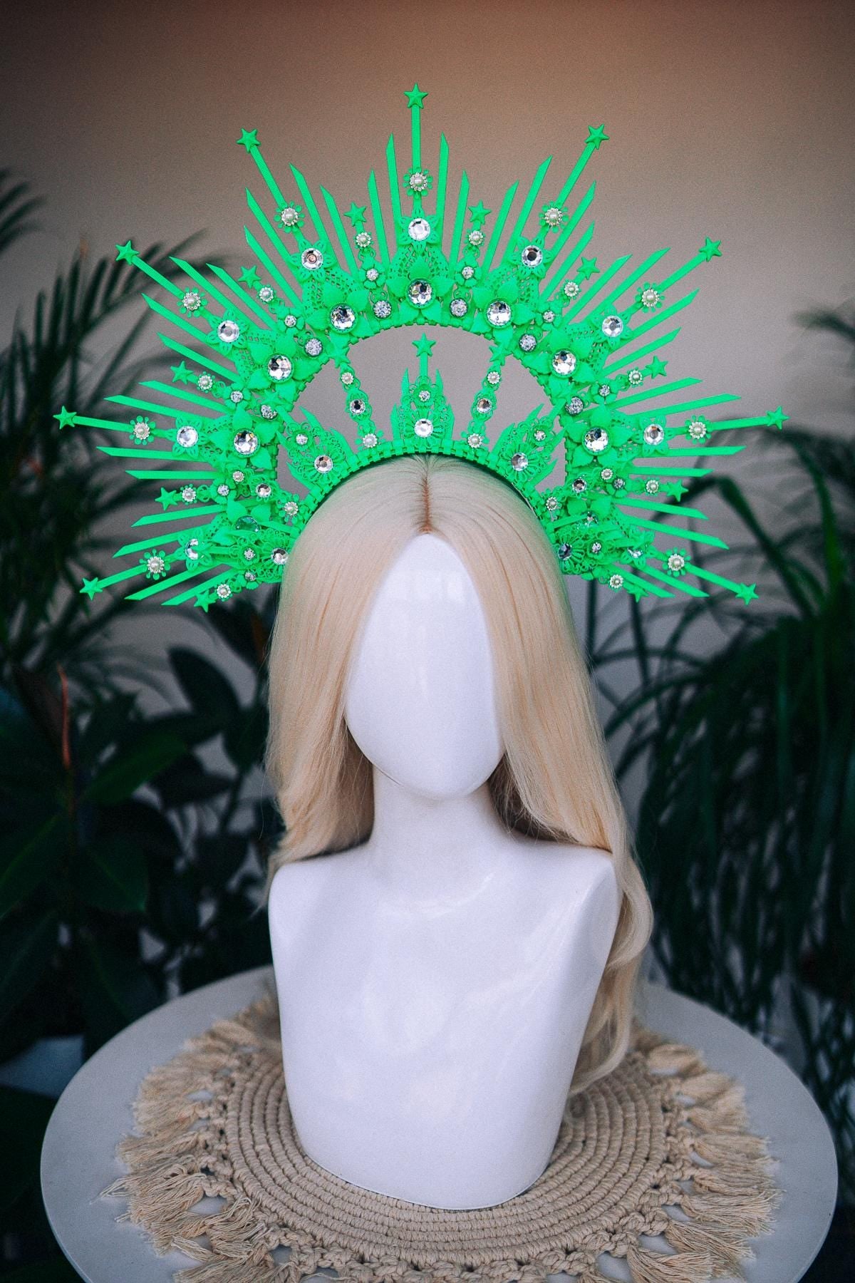 Neon Green Crown, Burning Man Headpiece, Rave Halo, UV Reactive Festival Tiara, Celestial Costume Accessory, Futuristic Queen Crown