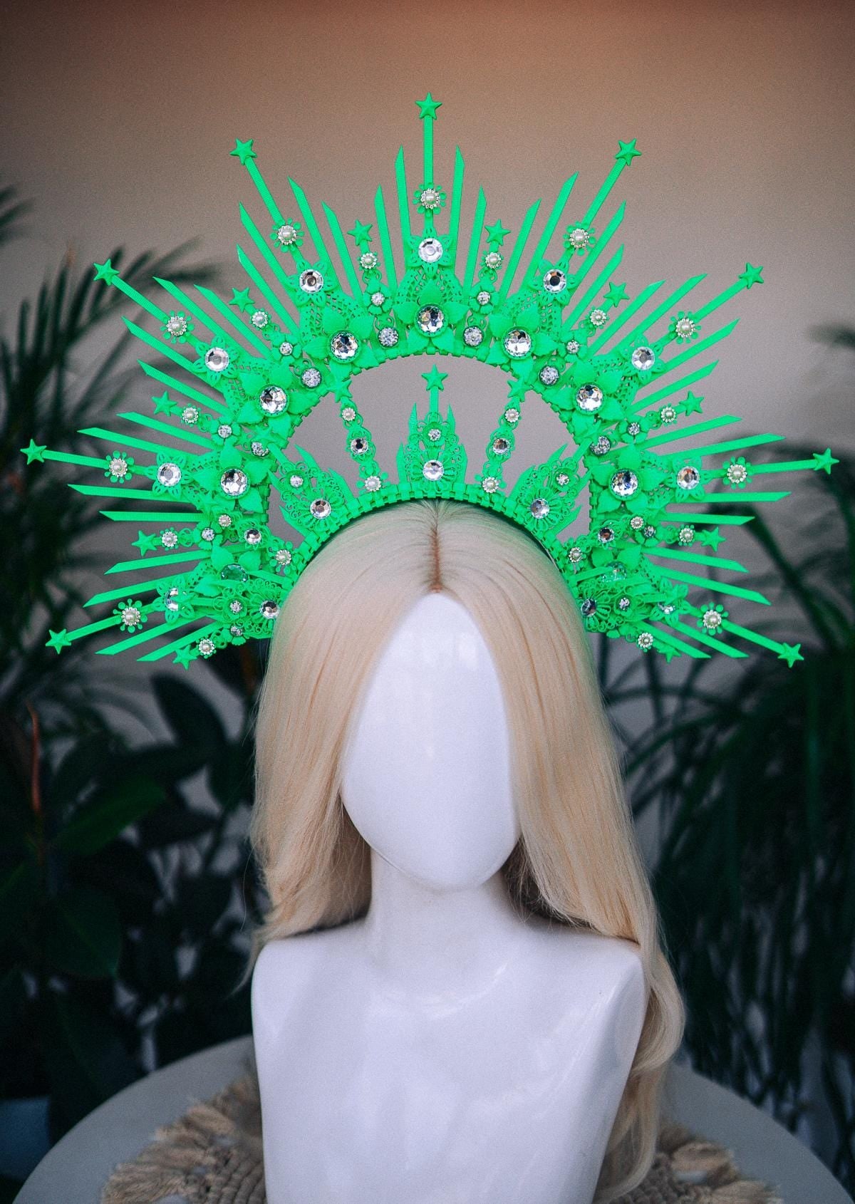 Neon Green Crown, Burning Man Headpiece, Rave Halo, UV Reactive Festival Tiara, Celestial Costume Accessory, Futuristic Queen Crown