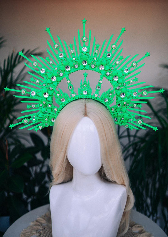 Neon Green Crown, Burning Man Headpiece, Rave Halo, UV Reactive Festival Tiara, Celestial Costume Accessory, Futuristic Queen Crown
