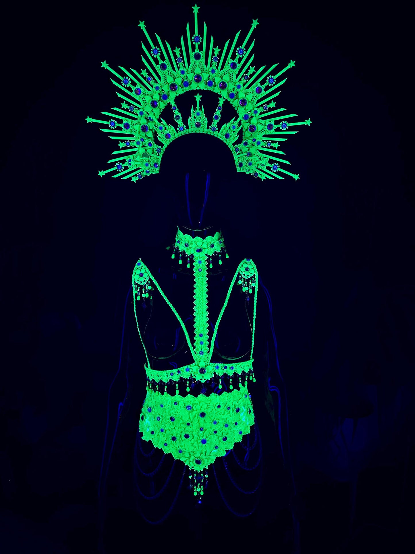 Neon Green Crown, Burning Man Headpiece, Rave Halo, UV Reactive Festival Tiara, Celestial Costume Accessory, Futuristic Queen Crown
