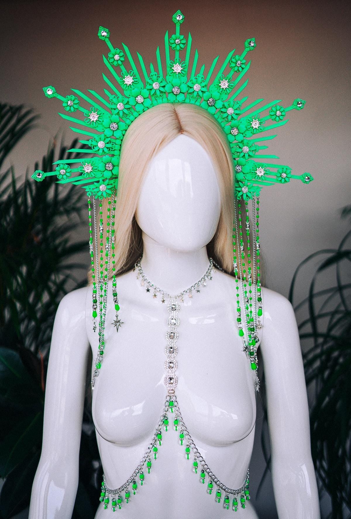 Neon Green Goddess Crown, Harness, Finger Claws, Burning Man, Festival Headpiece, UV Active, Rave, Glow In Dark, Showgirl Costume