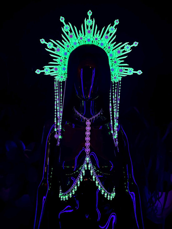 Neon Green Goddess Crown, Harness, Finger Claws, Burning Man, Festival Headpiece, UV Active, Rave, Glow In Dark, Showgirl Costume