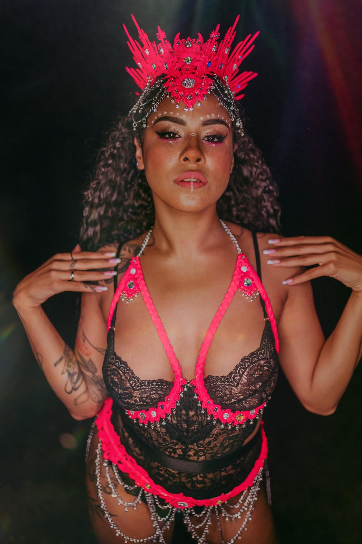 Neon Pink Harness, UV Active Festival Outfit, Pink Body Harness, Handmade Rave Costume, Adjustable Strappy Belt, Festival Wear