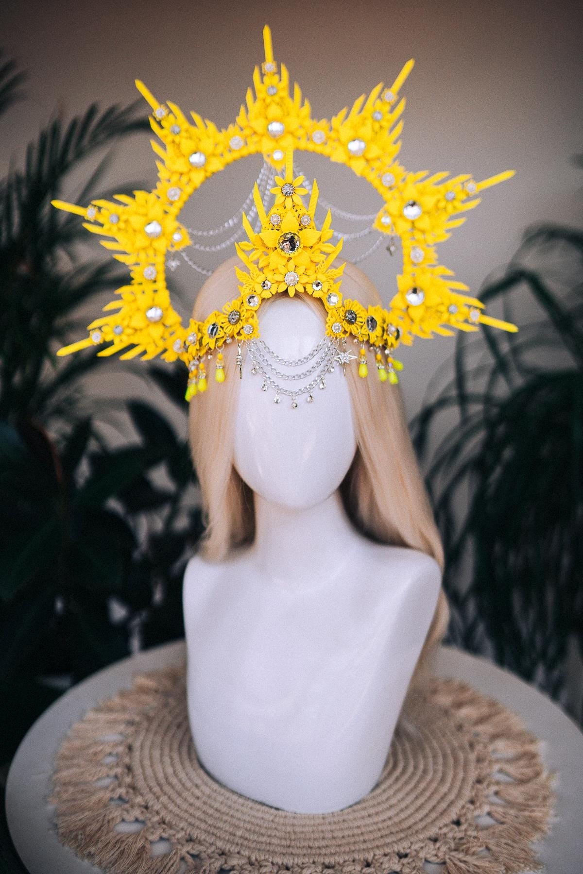 Neon Crown, Burning Man Outfit, UV Festival Costume, Goddess Harness Set, Rave Bra, Cyber Look, Yellow Headpiece, Statement Jewelry