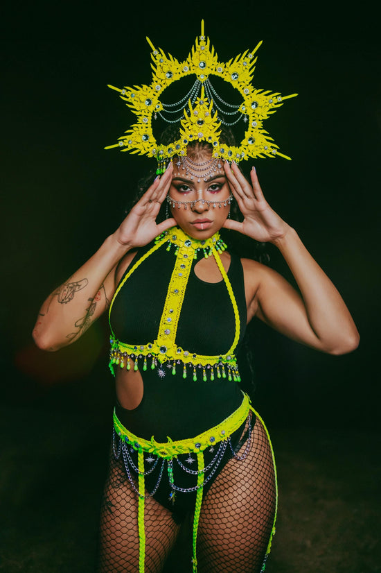 Festival Belt, Burning Man Belt, Yellow Belt, UV Harness Belt, Rave Belt, Cage Belt, Statement Belt, Body Jewelry, Neon Costume