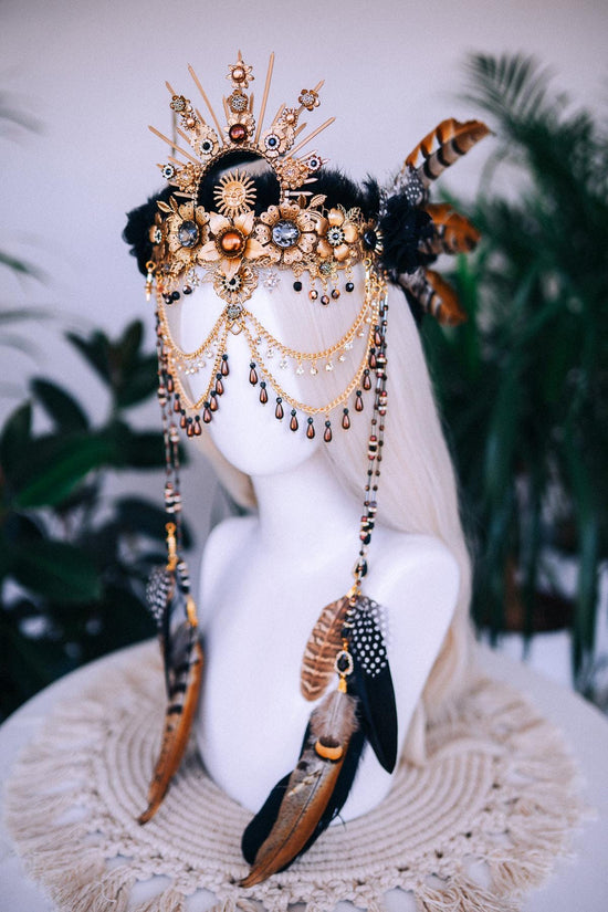 Boho Shaman Crown, Festival Headpiece, Tribal Costume Crown, Feather Crown, Burning Man, Black Gold Crown, Halloween Crown, Statement Crown