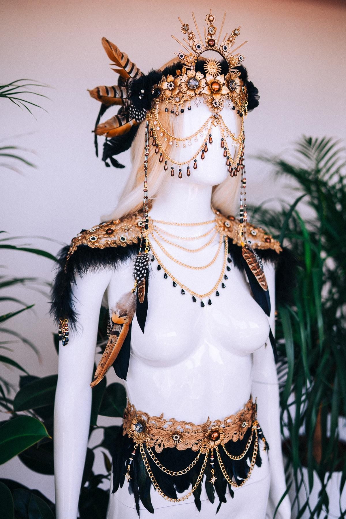 Boho Shaman Crown, Festival Headpiece, Tribal Costume Crown, Feather Crown, Burning Man, Black Gold Crown, Halloween Crown, Statement Crown