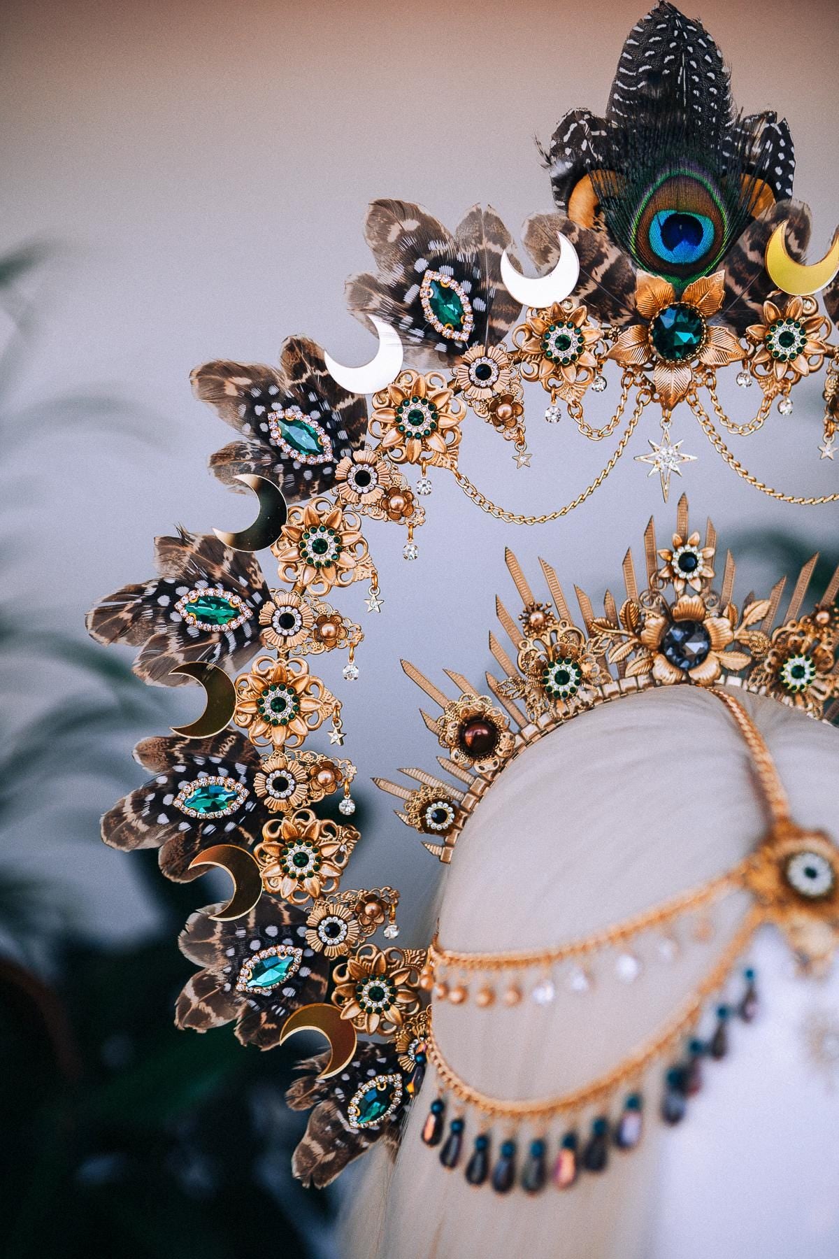Peacock Halo Crown, Golden Shaman Headpiece, Tribal Goddess Headdress, Boho Festival Costume, Exotic Feather Statement Crown