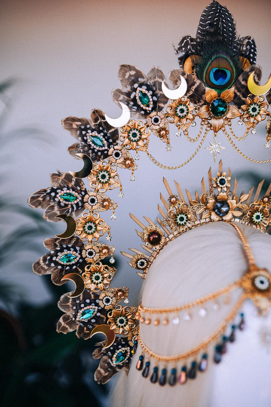 Peacock Halo Crown, Golden Shaman Headpiece, Tribal Goddess Headdress, Boho Festival Costume, Exotic Feather Statement Crown