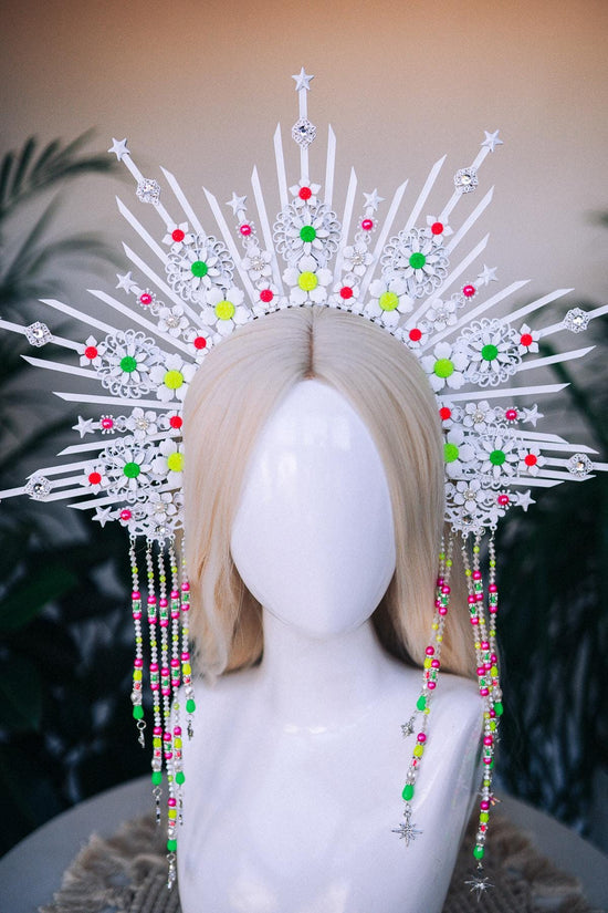 Neon UV Active White Starburst Halo Crown, Festival Headpiece, Burning Man Costume, Rave Headband, Colorful Star Headdress