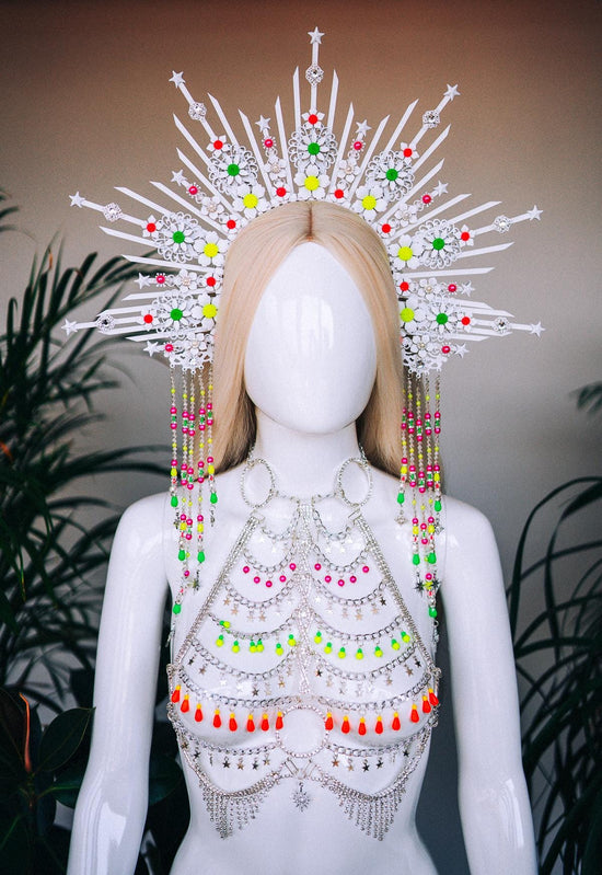 Neon UV Active White Starburst Halo Crown, Festival Headpiece, Burning Man Costume, Rave Headband, Colorful Star Headdress