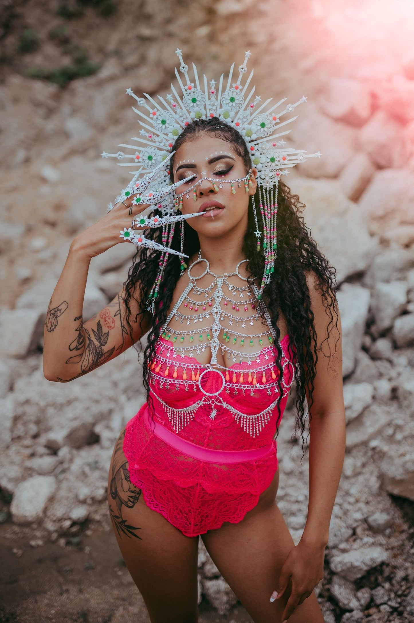 Neon UV Active White Starburst Halo Crown, Festival Headpiece, Burning Man Costume, Rave Headband, Colorful Star Headdress