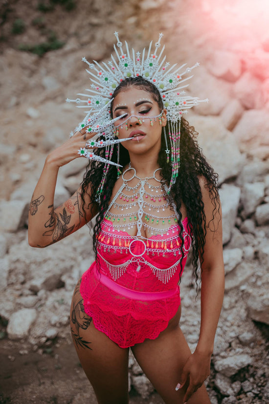 Neon UV Active White Starburst Halo Crown, Festival Headpiece, Burning Man Costume, Rave Headband, Colorful Star Headdress