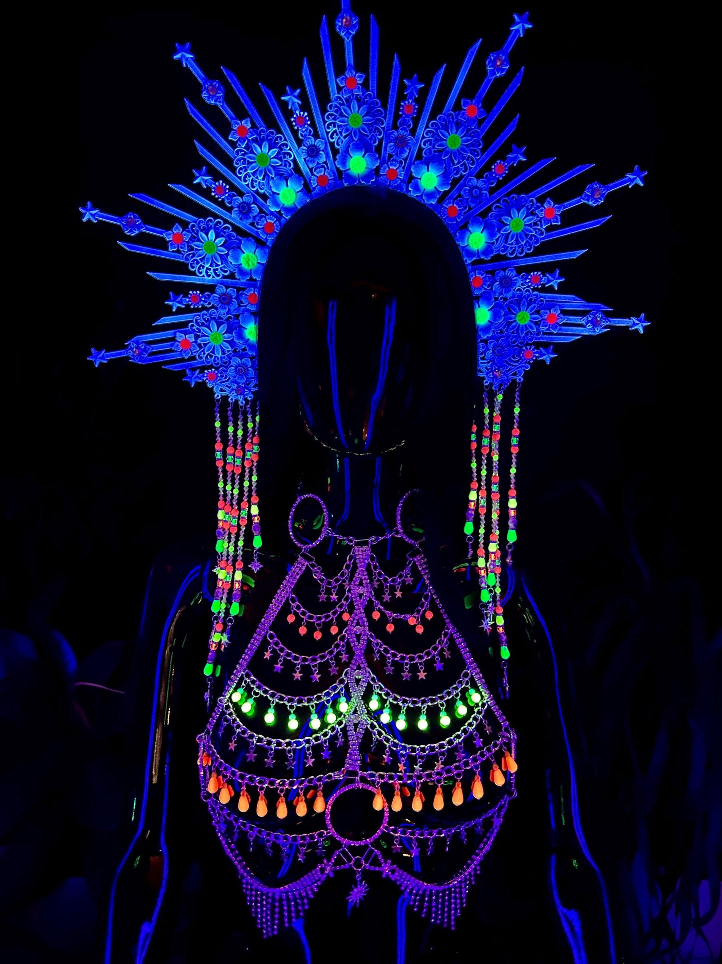 Neon UV Active Face Jewelry, Festival Rhinestone Mask, Rave Face Gem Design, Burning Man Face Decoration, Glow In Dark Headpiece