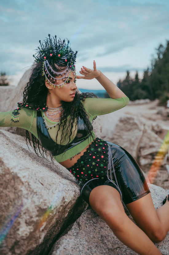 Neon Ritual Crown, Festival Headpiece, Feather Halo Crown, UV Blacklight Costume, Burning Man Accessories, Handmade Rave Outfit, Boho Crown