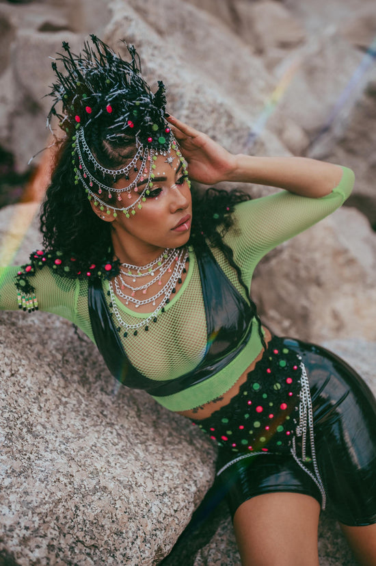 Neon Ritual Crown, Festival Headpiece, Feather Halo Crown, UV Blacklight Costume, Burning Man Accessories, Handmade Rave Outfit, Boho Crown