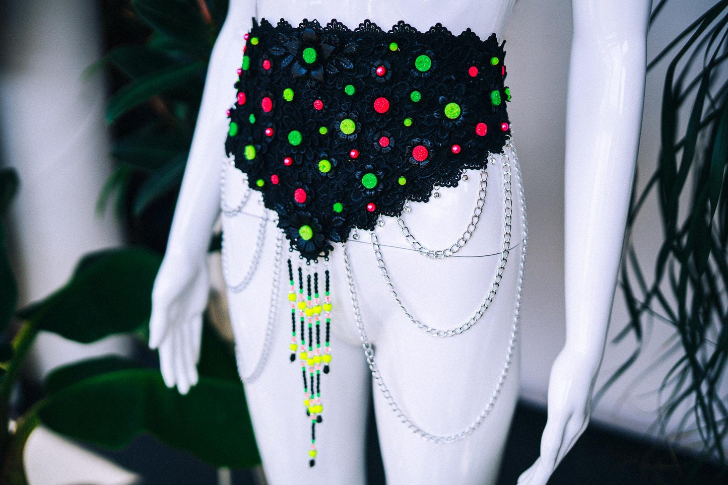 Neon Belt, Rave Belt, Festival Waist Chain, Glow In Dark, Body Chain, UV Active Belt, Burning Man Outfit, Handmade Festival Accessory