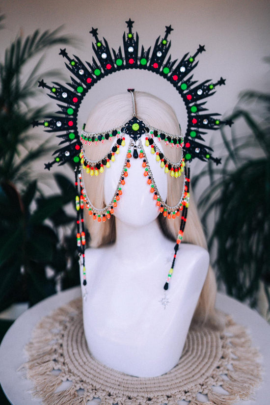 Neon UV Halo Crown, Burning Man Headpiece, Glow In The Dark Festival Headdress, Rave Costume, LED Style, Blacklight Goddess
